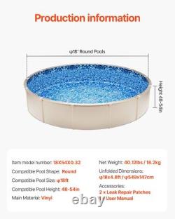 18ft Round Pool Liner Overlap Style 54 Wall Height, Durable Vinyl Material