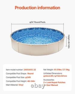 Round 24ft Pool Liner Overlap 54in Wall Height Durable Above Ground Liner