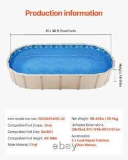 VEVOR Oval Pool Liner 15x30ft Overlap Style Pool Liner 54in Wall Height Durable